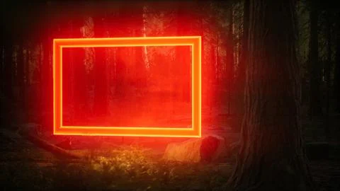 Neon glowing rectangle frame in the night forest Stock Illustration
