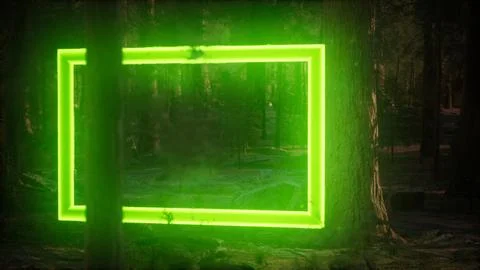 Neon glowing rectangle frame in the night forest Stock Illustration
