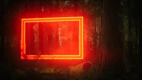 Neon glowing rectangle frame in the night forest Illustrazione stock