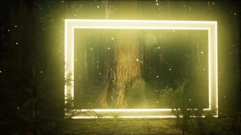 Neon glowing rectangle frame in the night forest Stock Illustration