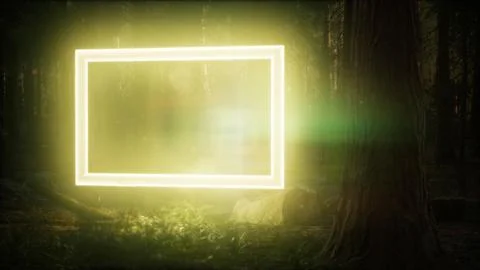 Neon glowing rectangle frame in the night forest Stock Illustration