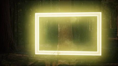 Neon glowing rectangle frame in the night forest Neon glowing rectangle fr... 스톡 사진