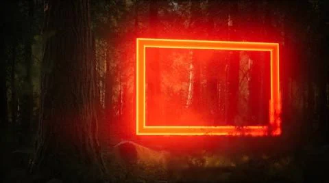 Neon glowing rectangle frame in the night forest Neon glowing rectangle fr... Foto stock