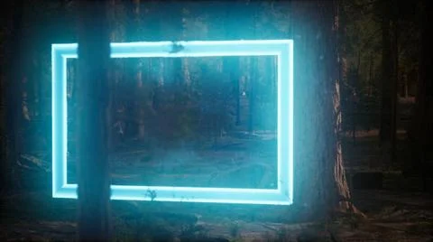 Neon glowing rectangle frame in the night forest Neon glowing rectangle fr... Foto stock