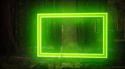 Neon glowing rectangle frame in the night forest Neon glowing rectangle fr... Stock Photos