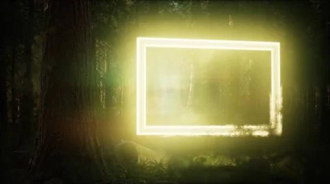 Neon glowing rectangle frame in the night forest Neon glowing rectangle fr... Foto stock