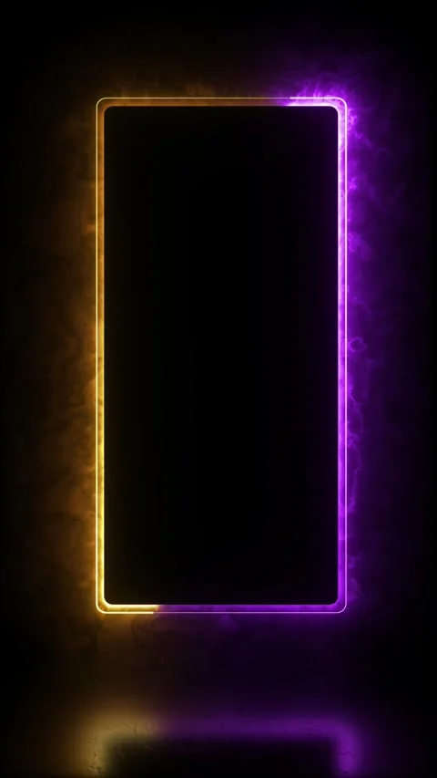 Neon glowing rectangle frame with purple and golden on vertical dark background Stock Footage 339661314