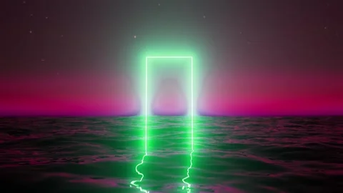 Neon glowing rectangular portal above a crimson ocean at night Video stock 310793156