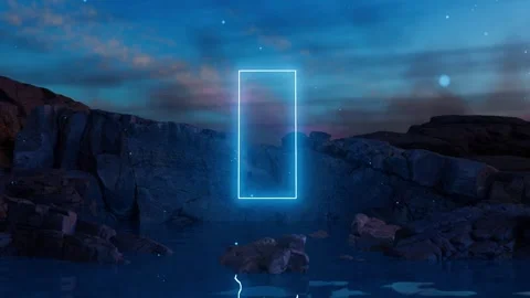 Neon glowing rectangular portal appearing on rocky coast at night Stock Footage 310792739