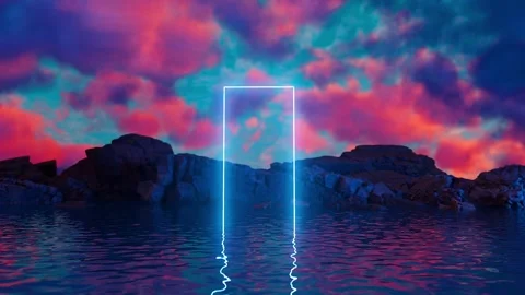 Neon glowing rectangular portal appearing over water at sunset 스톡 동영상 310792833