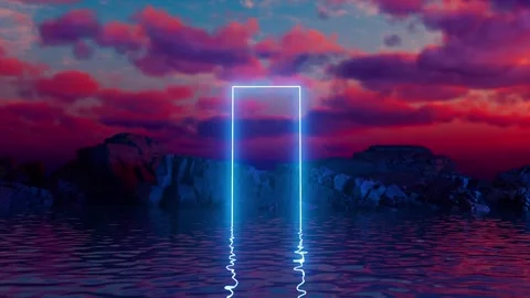 Neon glowing rectangular portal emerging from water with rocks and sunset clouds Stock Footage 310792849