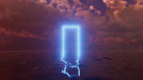 Neon glowing rectangular portal emerging from water surface under cloudy sky 動画素材 310793171