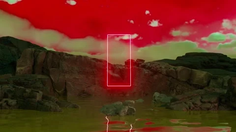 Neon glowing rectangular portal floating above water surface near rocks 스톡 동영상 310792734