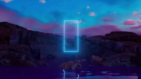 Neon glowing rectangular portal floating above water by rocky coast at sunset Stock Footage 310792735