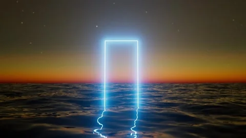 Neon glowing rectangular portal floating above ocean at sunset Stock Footage 310793147