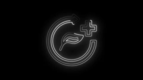 Neon glowing recycling symbol with leaf and plus sign on icon black background Stock Footage 333952118