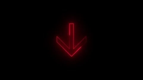 Neon glowing red color down arrow direction icon animation black background Video stock 270206889