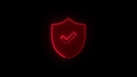 Neon glowing red shield with checkmark symbol flickering on black backgroun.. Stock Footage 345549615
