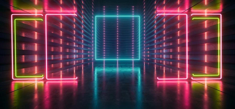 Neon Glowing Reflective Rectangle Empty TUnnel Corridor Synthwave Background  스톡 일러스트