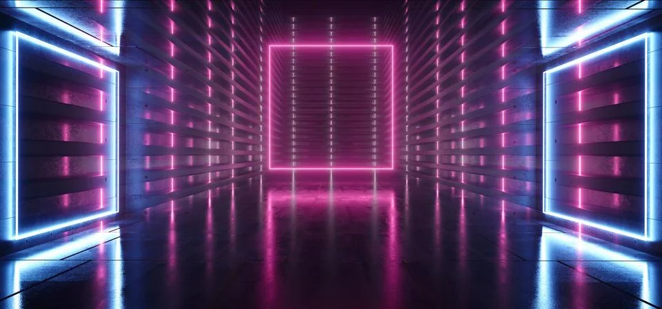 Neon Glowing Reflective Rectangle Empty Tunnel Corridor Synthwave Background  스톡 일러스트