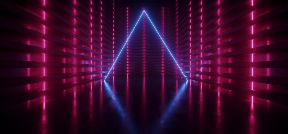 Neon Glowing Reflective Triangle Empty TUnnel Corridor Synthwave Background P Stock-Illustration