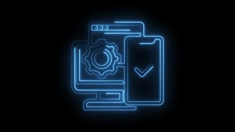 Neon glowing responsive website and mobile app development with cogwheel te.. Stock Footage 345998385