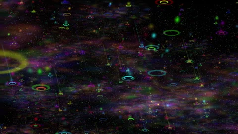 Neon Glowing Ripple Rings Drifting Through Dark Cosmic Nebula Animation Stock Footage 340323259