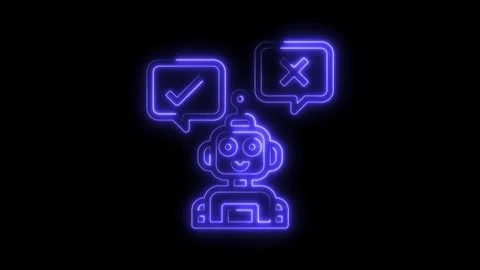 Neon glowing robot with checkmark and cross messages on black background Stock Footage 322973639