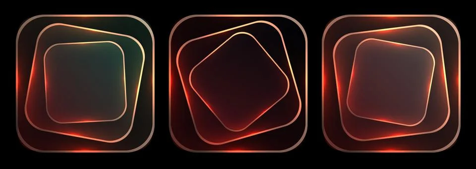 Neon glowing rounded square frames abstract background with three floating 库存插图
