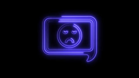 Neon glowing sad face in speech bubble on black background futuristic tech Stock Footage 322971540