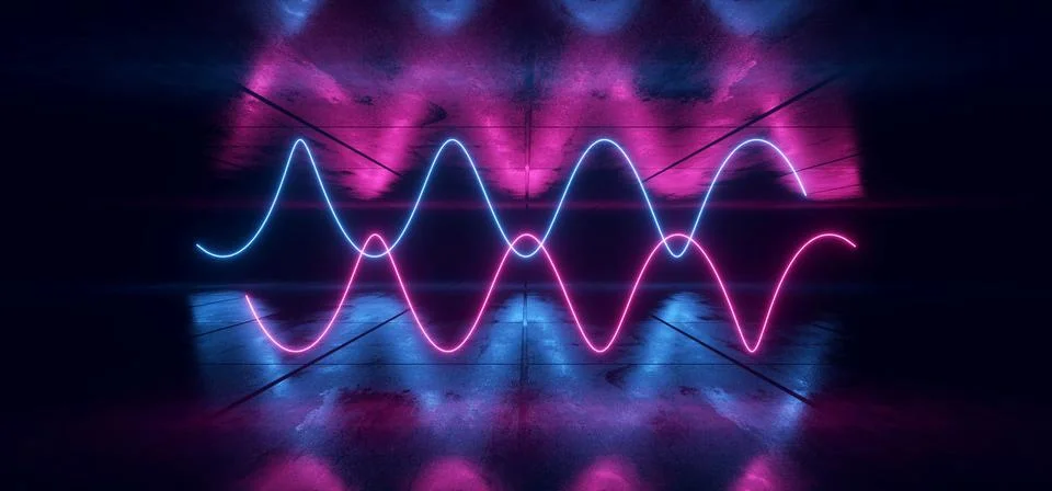 Neon Glowing Sci Fi Cyber Synth Wave Purple Blue Spiral Glowing Concrete Grun Stock Illustration