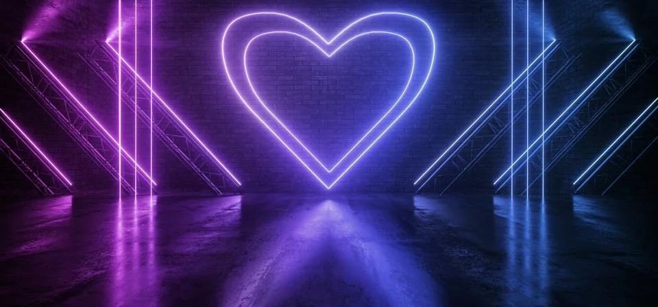 Neon Glowing Sci Fi Future Purple Blue Red Valentine Heart Shape On Brick Wal Illustrazione stock