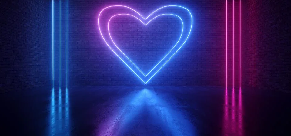 Neon Glowing Sci Fi Future Purple Blue Red Valentine Heart Shape On Brick Wal Illustrazione stock