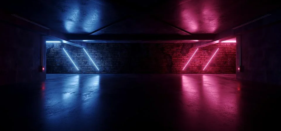 Neon Glowing Sci Fi Futuristic Purple Blue Retro Cyber Style Realistic Garage Stock Illustration
