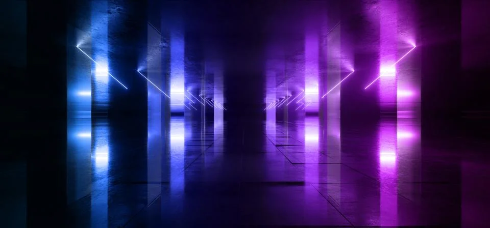 Neon Glowing Sci Fi  Glowing Purple Blue Futuristic Laser Beams Bouncing On D Illustrazione stock