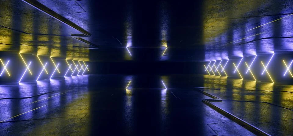 Neon Glowing Sci Fi  Glowing Yellow Blue Futuristic Laser Beams Bouncing On D Illustrazione stock