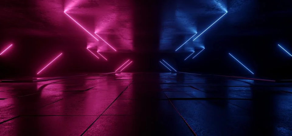Neon Glowing Sci Fi  Glowing Purple Blue Futuristic Laser Beams Bouncing On D Stock Illustration