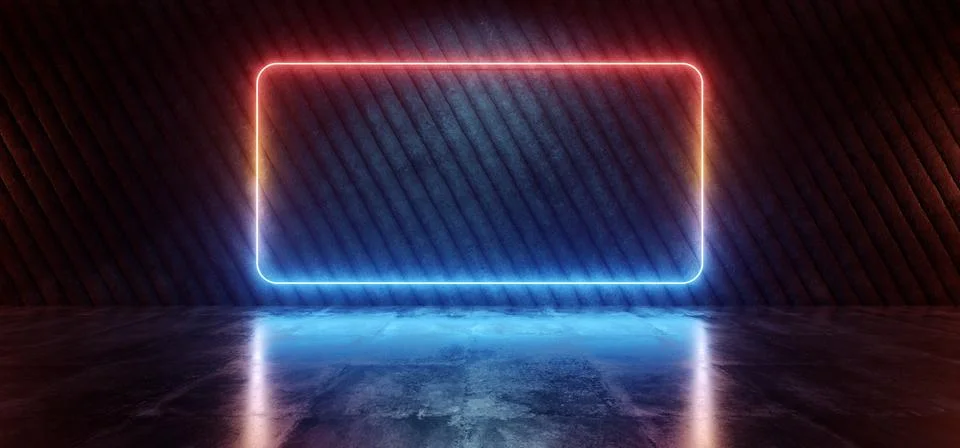 Neon Glowing Sci Fi Rectangle Frame Background Orange Blue Shape Laser Beam.. Stock Illustration