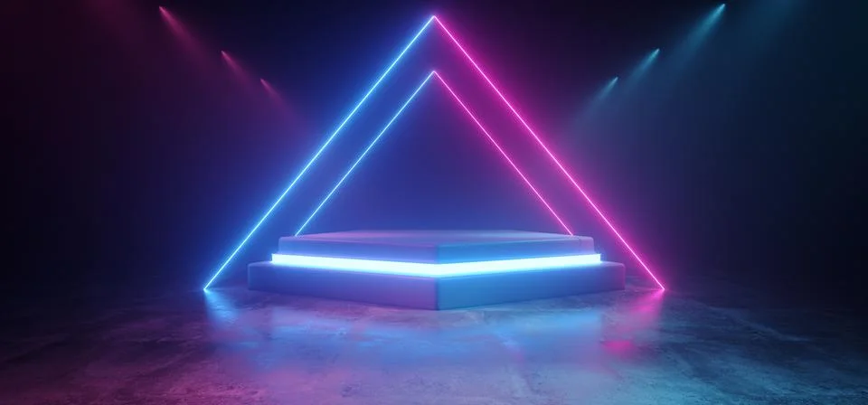Neon Glowing Sci Fi Triangle Laser Beams Purple Blue Lights Glowing Stage Pod Ilustración de archivo