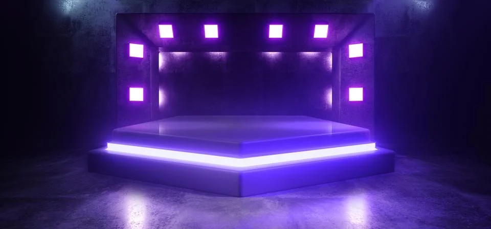 Neon Glowing Sci Fi Triangle Laser Beams Purple Blue Lights Glowing Stage Pod Ilustración de archivo