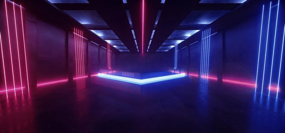 Neon Glowing Sci Fi Triangle Laser Beams Purple Blue Lights Glowing Stage Pod Ilustración de archivo