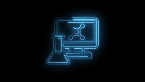 Neon glowing science laboratory flask and computer monitor displaying molecular Stock Footage 333951755
