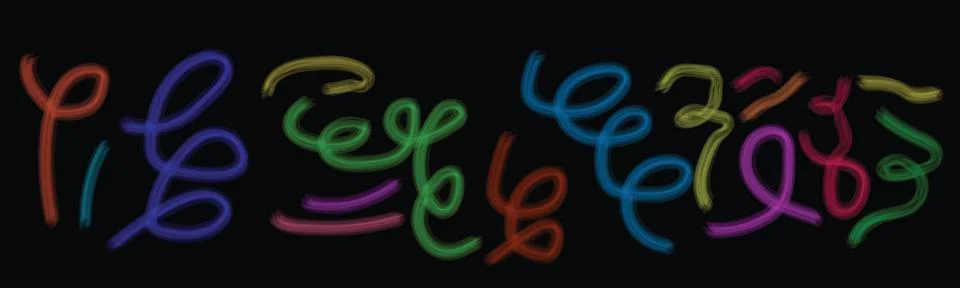Neon glowing scribble lines and spiral swirl doodles on black background ve.. Stock Illustration