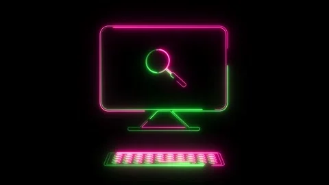 Neon Glowing Search Icon on Computer Screen with Digital Analysis Vector Stock Footage 311273743