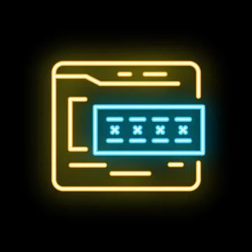 Neon glowing secure login form with password on black brick wall Illustrazione stock