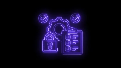 Neon glowing security lock gear and checklist icons symbolizing data protection Stock Footage 333966637
