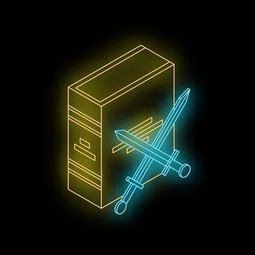 Neon glowing server icon with crossed swords protecting data 库存插图