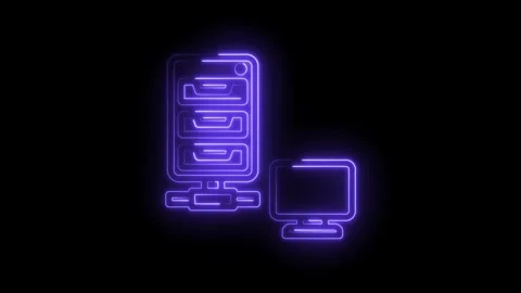 Neon glowing server rack and computer monitor icons on black background digital Vídeos de archivo 333958013