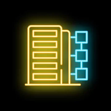 Neon glowing server room icon with blockchain technology on black background Stock Illustration
