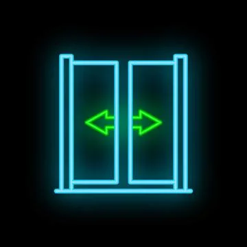 Neon glowing sign of automatic double sliding doors opening and closing Stock Illustration